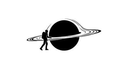 Minimalist silhouette of a traveler walking on cosmic rings around a planet © Bakol