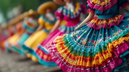 Obraz premium Vibrant Folklorico Dresses Twirling Joyfully in a Colorful Cinco de Mayo Celebration