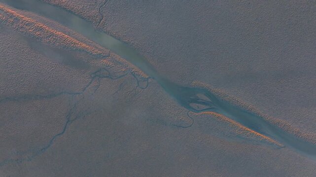 Aerial view of a tidal mudflat with winding channels at sunrise, showing the textured patterns of the exposed seabed. A warm glow on the landscape. Kawhia Harbour, Waikato, New Zealand