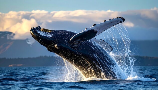 Humpback whale breaching, propelling from ocean with splashing water against mountainous backdrop and cloudy sky