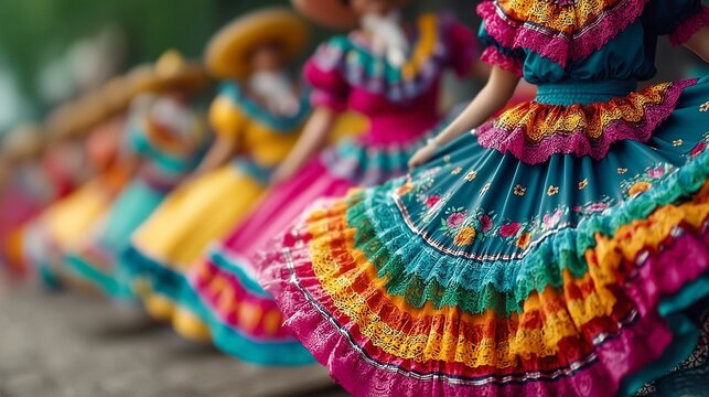Vibrant Folklorico Dresses Twirling Joyfully in a Colorful Cinco de Mayo Celebration