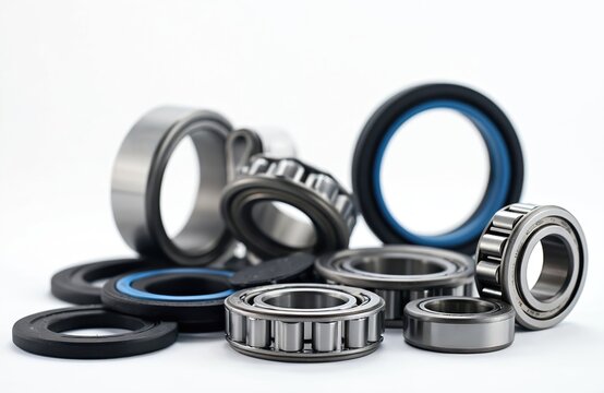 Assortment of industrial ball bearings and rubber seals arranged on white background. Spare mechanical parts for machines, vehicles, and engines. Group of metallic components.
