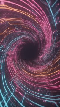 Futuristic digital vortex with glowing neon circuit pathways in vibrant pink blue and orange colors