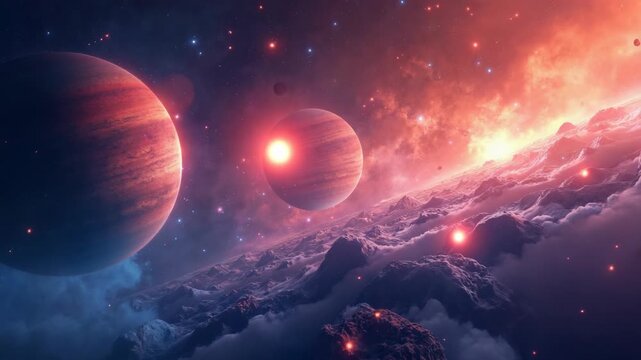 Spectacular fantasy space scene featuring luminous planets, glowing nebulae, vibrant stars and a misty cosmic surface. Perfect for science fiction and astronomy themes.
