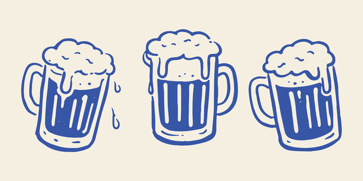 Beer mugs set naive doodle vector illustration