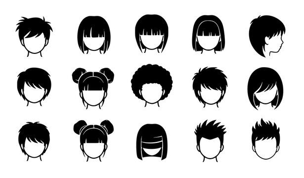 Trendy children hairstyle silhouette icons with cute boy and girl haircuts for salon vector design set