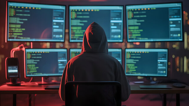Anonymous Hacker in Hoodie Working with Multiple Screens in Dark Room, Cybercrime and Data Breach Concept with Red Warning Light