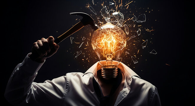 Man with hammer smashing lightbulb head creative idea concept exploding glass art