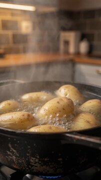 Boiling potatoes in a rustic kitchen pot with steam rising during cooking process