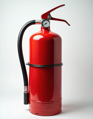 Fototapeta premium Red fire extinguisher with black hose and silver handle. Metal safety appliance with pressure gauge. Emergency fire suppression tool for hazard prevention and rescue.