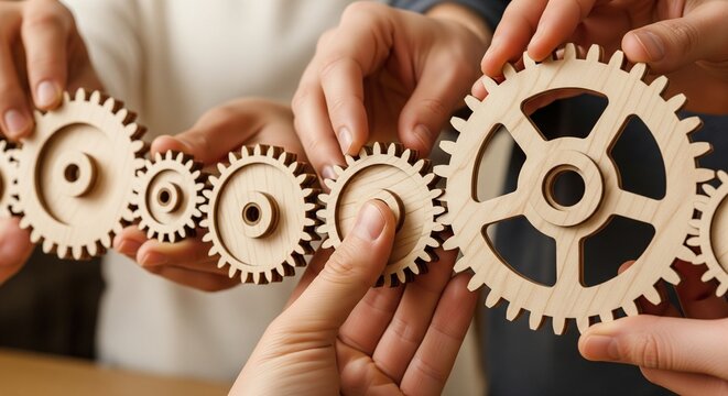 Teamwork concept multiple hands connecting wooden gears for collaboration and synergy