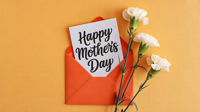Happy mothers day greeting card with envelope and white flowers on yellow background