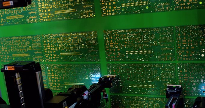  Modern hi-tech production. Electronic circuit boards production and installation of SMD components. Special equipment diagnose and test chips and processors. Manufacture of electronic chips. Close-up