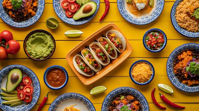 Colorful mexican food table with tacos guacamole and traditional dishes top view