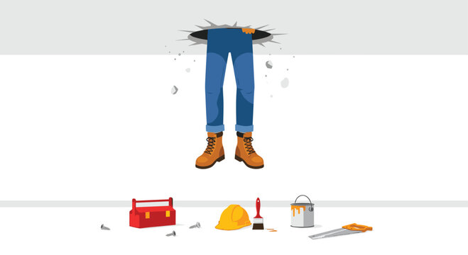 A humorous scene depicts a worker's legs in blue denim jeans and brown leather boots dangling through a jagged hole in a pristine white plaster ceiling.