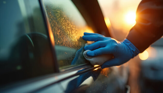 Person in blue gloves wipes car window with microfiber cloth. Sun shines, creating bokeh effect. Car detailing in progress for clear view and cleanliness.