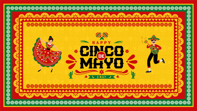 Mexican Cinco De Mayo 2026 Festive Banner with Flamenco Dancers and Traditional Mexican Border.  Perfect for Cinco de Mayo, Dia De Muertos, Independence Day, Fiesta Decoration and Cultural Events. 