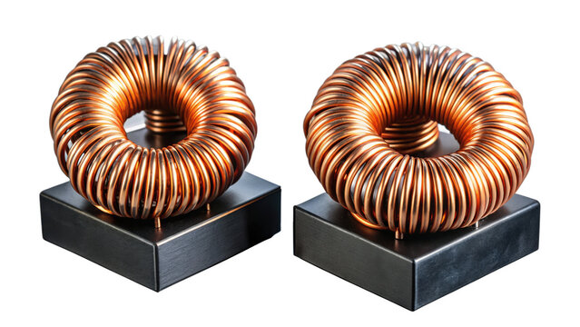 Two copper toroidal coils on metal bases on transparent background