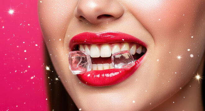 A close-up of a woman's face with ice cubes in her mouth and red lipstick on her lips
