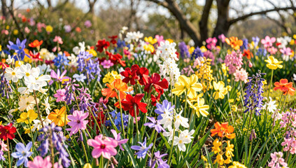 Fototapeta premium A vibrant field of flowers with trees standing tall in the background, perfect for use in nature-inspired designs or backgrounds