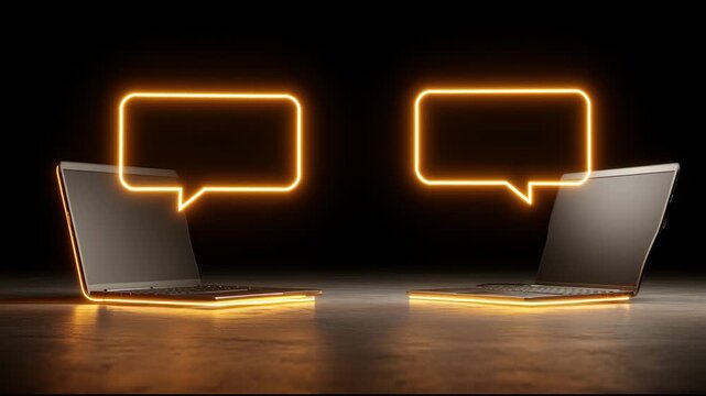 Laptops in Office Connect Through Glowing Speech Bubbles for Clear Communication Between Coworkers and Teams During Work Hours