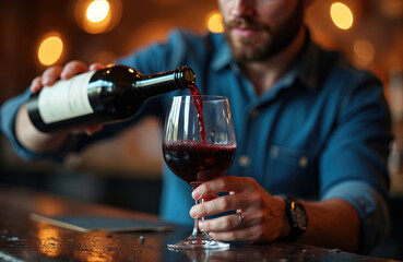 Fototapeta premium Man pours red wine into glass at bar counter. Person holds wine bottle, serving beverage. Intimate dark ambiance with warm bokeh lights. Enjoying evening drink.