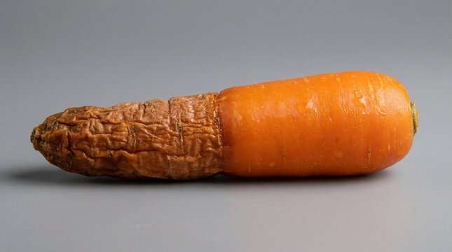 A single carrot, half fresh and plump, half shriveled and rotten.