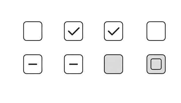 Collection of eight different check boxes and radio buttons, in a grid layout, indicating selected and unselected states