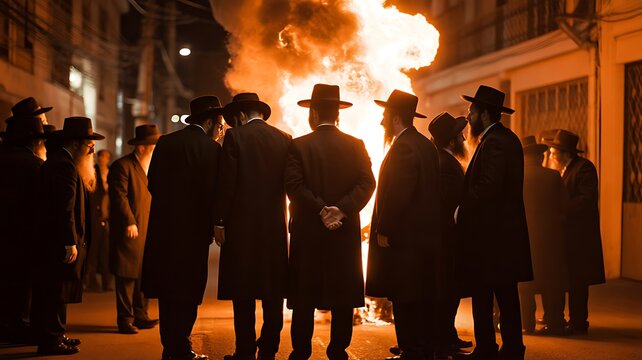 Group of men in traditional black clothing gathered near fire at night cultural scene
