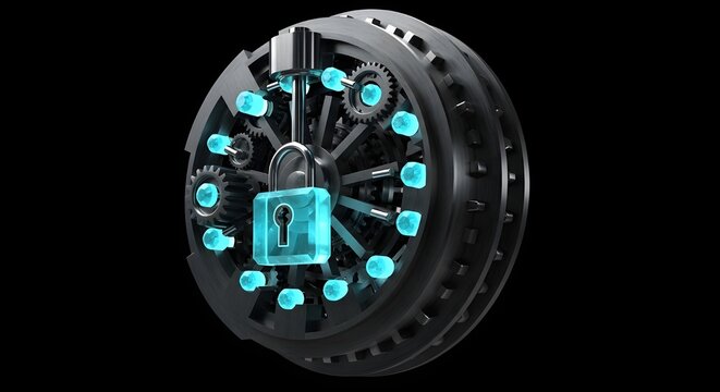 3D rendering of a vault door with glowing blue lock and gears