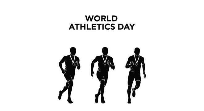 Three athletic runners wearing gold medals in a minimalist vector graphic design for world athletics day celebration