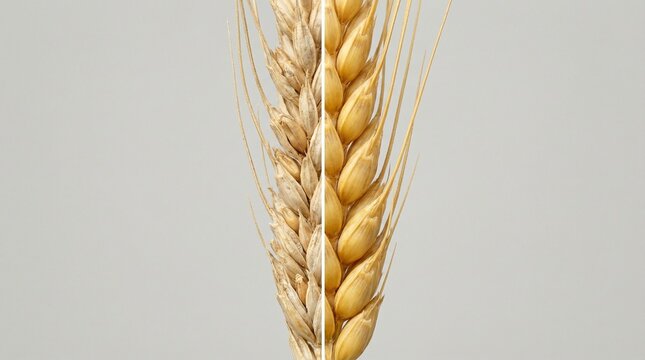 Close-up of a single wheat ear, half vibrant golden, half dry and withered.