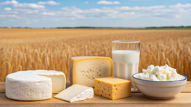 Cheese dairy products with milk on wheat field background fresh organic farm food concept