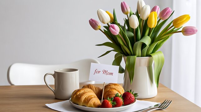 Breakfast table with croissant coffee strawberries and tulip flowers in vase cozy morning scene