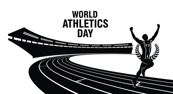 Black and white vector illustration of a running athlete celebrating a victory on the stadium track surface