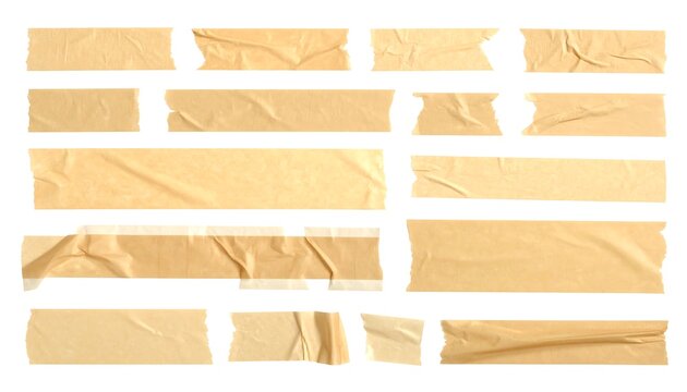 A collection of crumpled beige strips on a white background