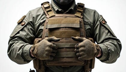 Naklejka premium Focused soldier wears tactical vest and gloves. Person ready for action with protective gear. Military personnel displays discipline and strength. Readiness for combat mission.