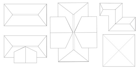 Architectural Blueprint: A detailed top-down view of various roof structures, showcasing different designs and architectural styles in crisp, clean lines. © Vecto