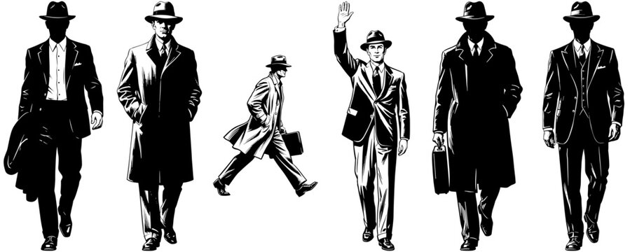Vintage Noir Style Men in Suits and Hats Illustration Set