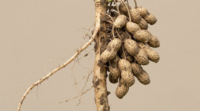 Freshly harvested peanuts with shells still attached to the plant's root system.