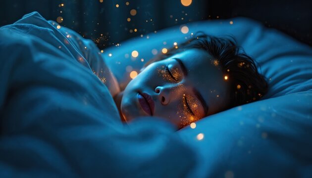 Close-up woman slepic peacefully in bed, covered by blue blanket. Golden sparkles float around her face. Dreamlike atmosphere suggests REM sleep phase.