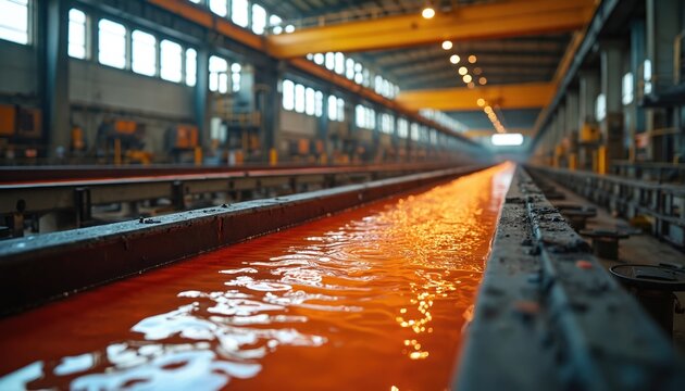 Copper cathodes submerged in a refining tank, undergoing electrorefining process. Industrial facility with long vats of glowing orange liquid under overhead cranes and bright lights.
