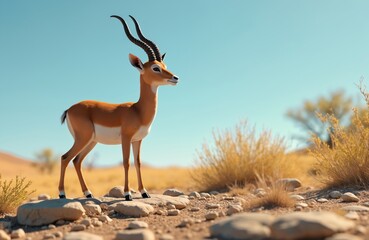Fototapeta premium Young male gazelle stands on dry rocky ground. Sparse yellow grass and distant trees under clear blue sky. Animal looks to the side in African savanna landscape.