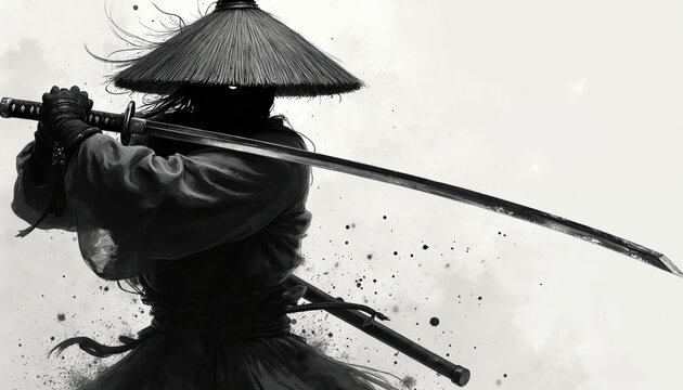 Black, white ink brush illustration of lone samurai warrior holding katana. Figure wears traditional straw hat, traditional clothing, ready for combat. This art evokes Japanese culture, martial arts.