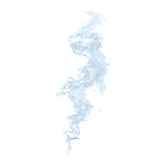 Fototapeta premium Ethereal blue smoke trail, wispy light blue vapor plume on white background, delicate swirling steam effect, atmospheric mist element for design