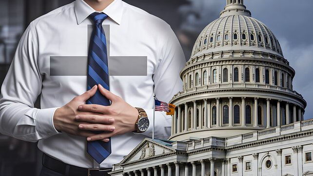 Businessman with government building concept representing politics leadership and authority power