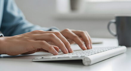 Fototapeta premium Close-up of a person typing on a white keyboard with their hands visible on a desk, implying work or communication