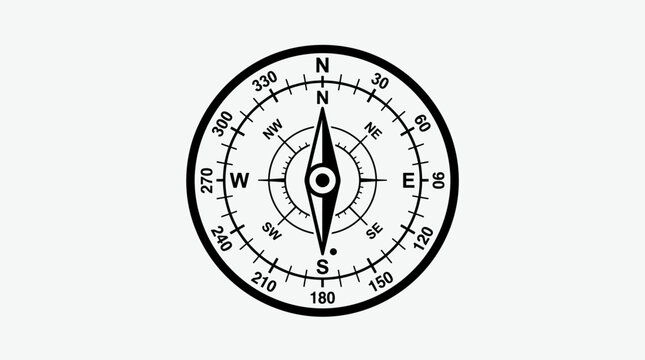 Antique vintage clock face isolated on white with a gold compass rose arrow for navigation and travel orientation