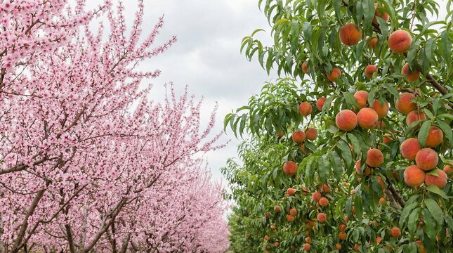 Peach orchard with trees blooming pink flowers and bearing ripe fruit