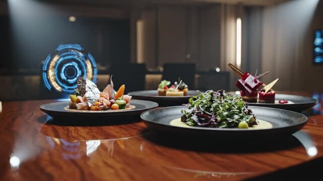 Futuristic gourmet food presentation on a luxurious wooden table in a high-tech setting